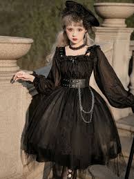 Gothic Lolita OP Dress Bows Long Sleeve Lace Ruffles Black Lolita One Piece  Dress